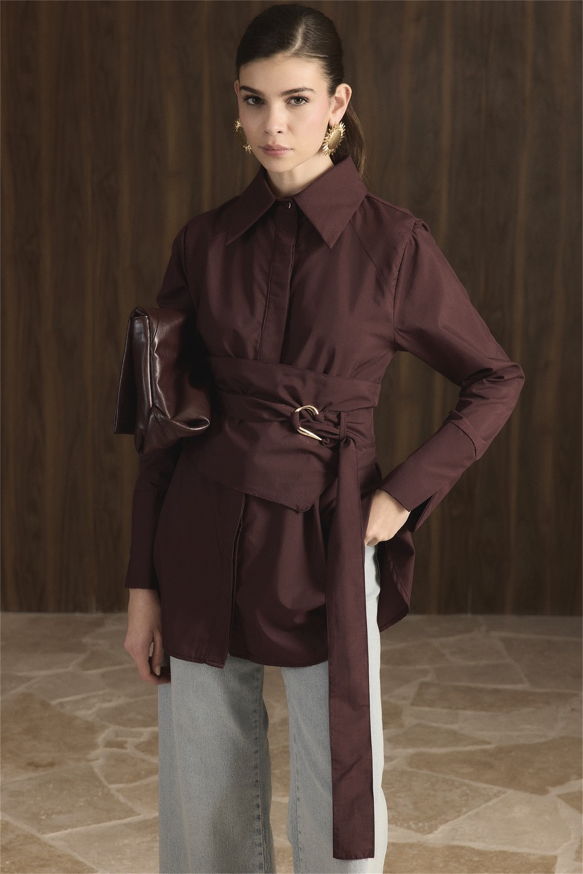 Maya Geniş Kemerli Gömlek - Bordo