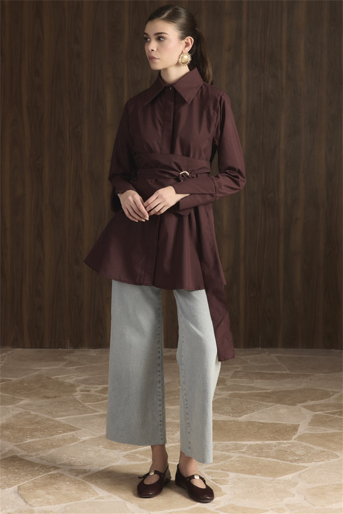 Maya Geniş Kemerli Gömlek - Bordo