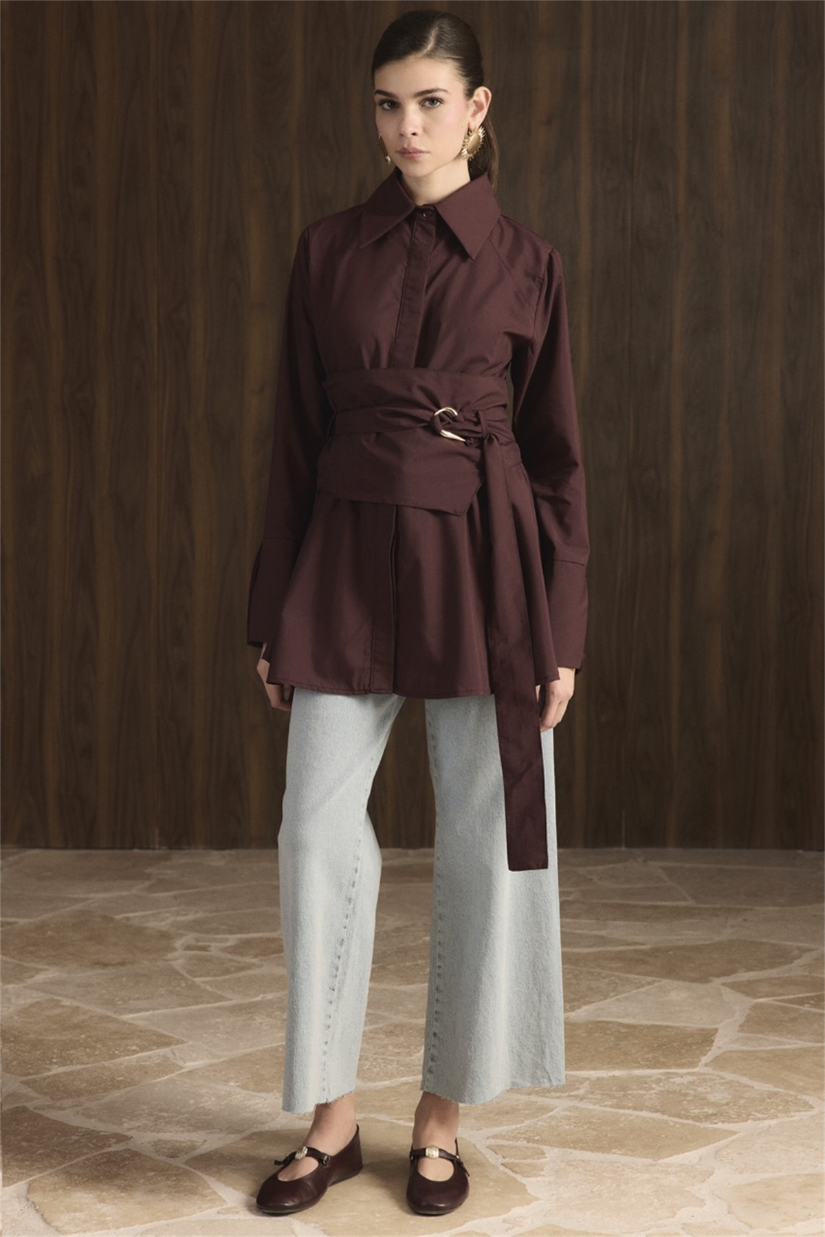 Maya Geniş Kemerli Gömlek - Bordo