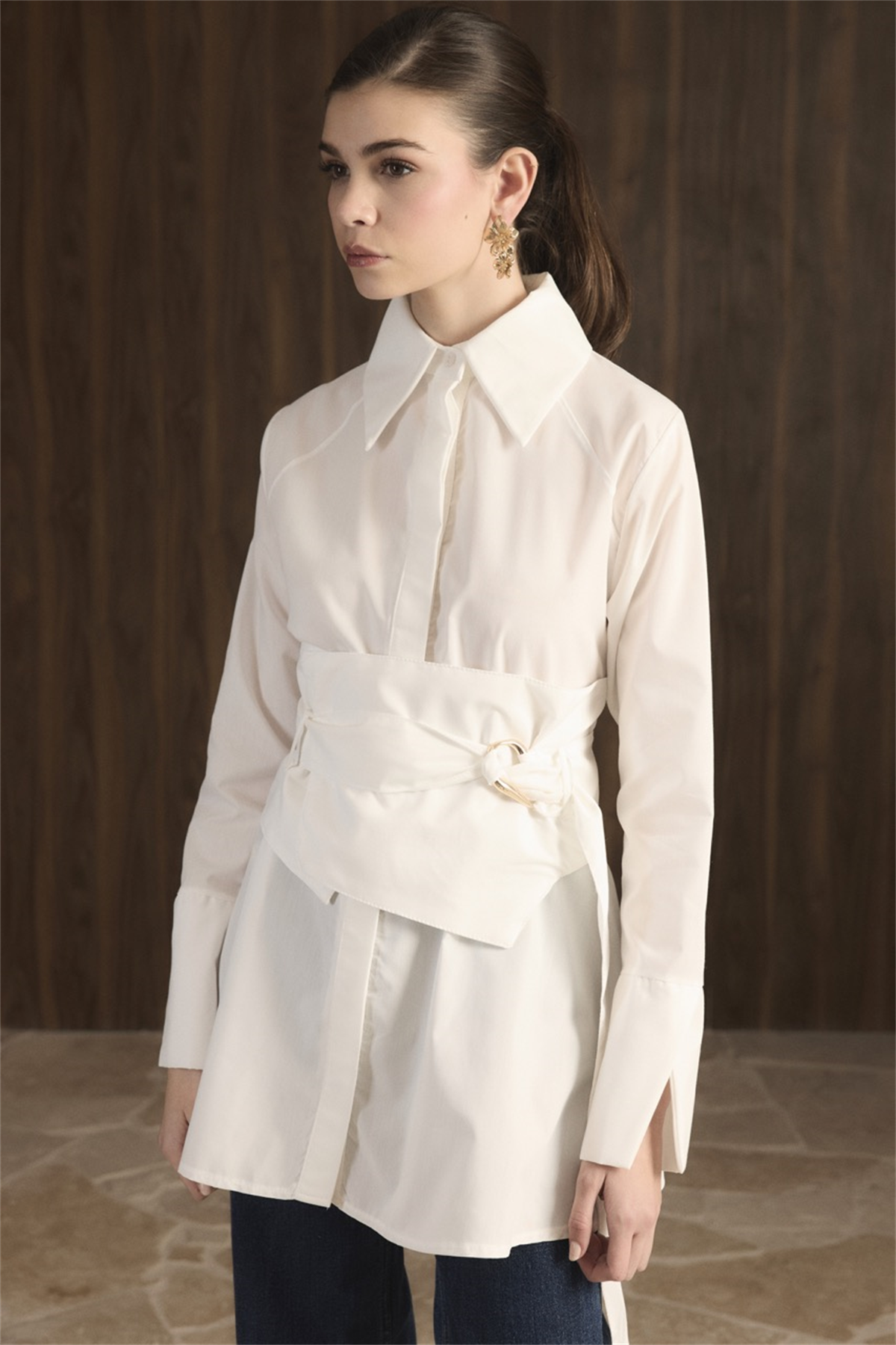 Maya Geniş Kemerli Gömlek - Ekru