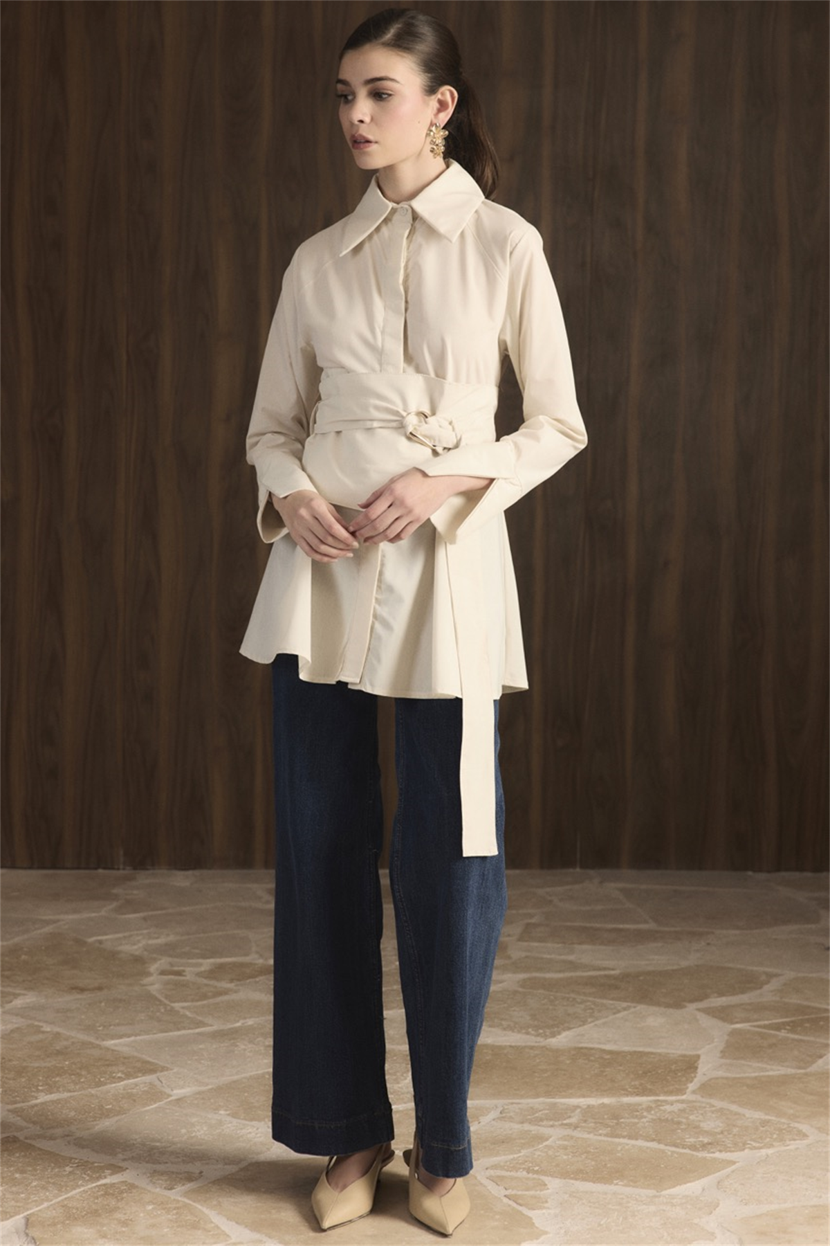 Maya Geniş Kemerli Gömlek - Krem