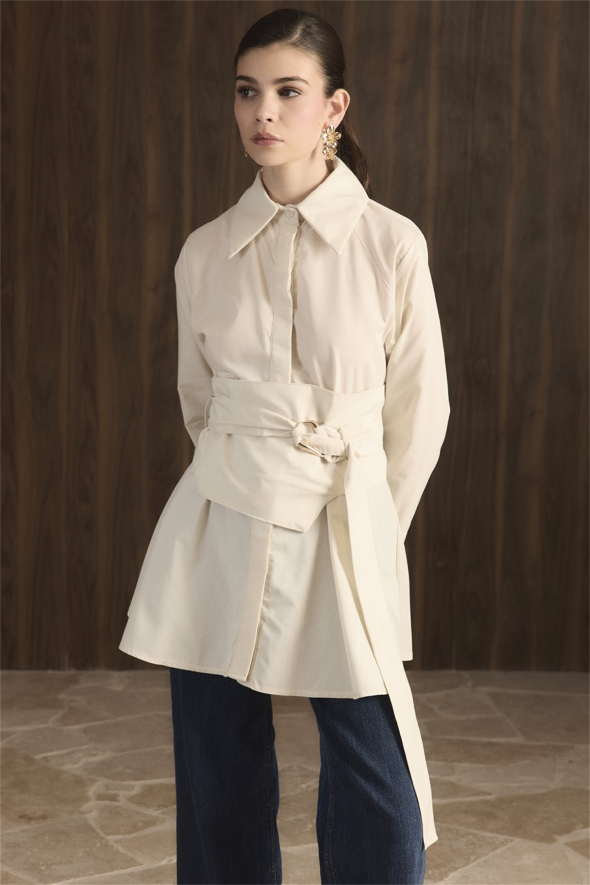 Maya Geniş Kemerli Gömlek - Krem
