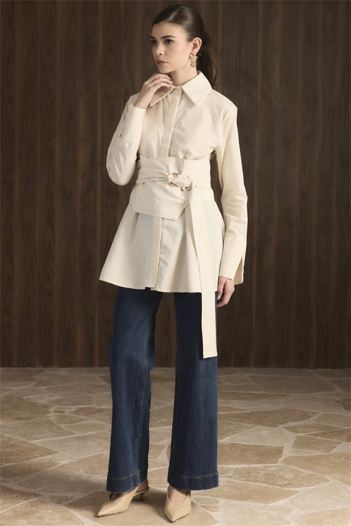 Maya Geniş Kemerli Gömlek - Krem