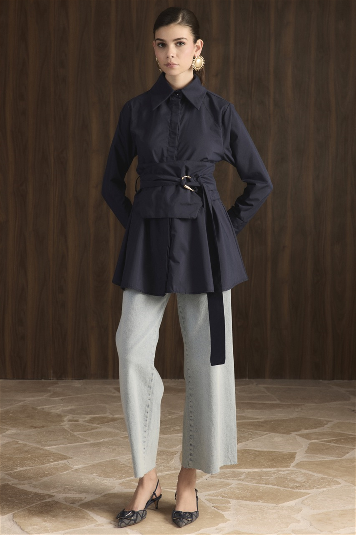 Maya Geniş Kemerli Gömlek - Lacivert