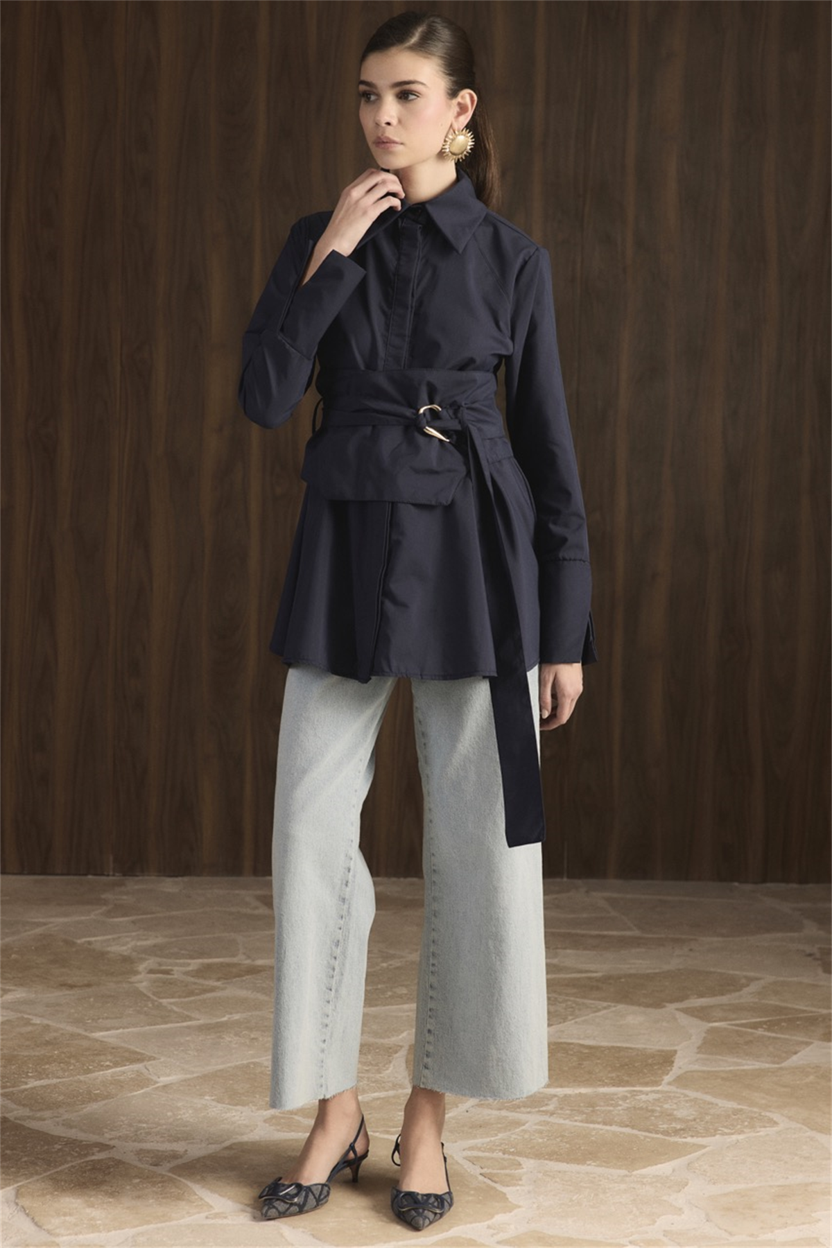 Maya Geniş Kemerli Gömlek - Lacivert