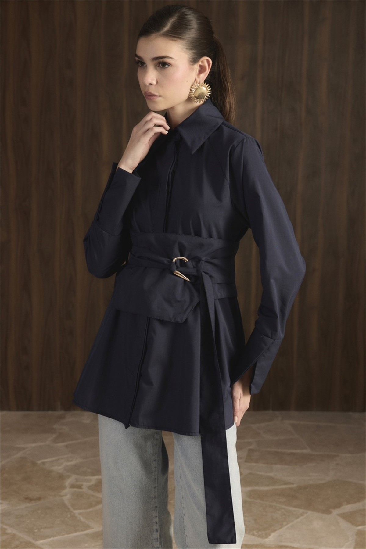 Maya Geniş Kemerli Gömlek - Lacivert