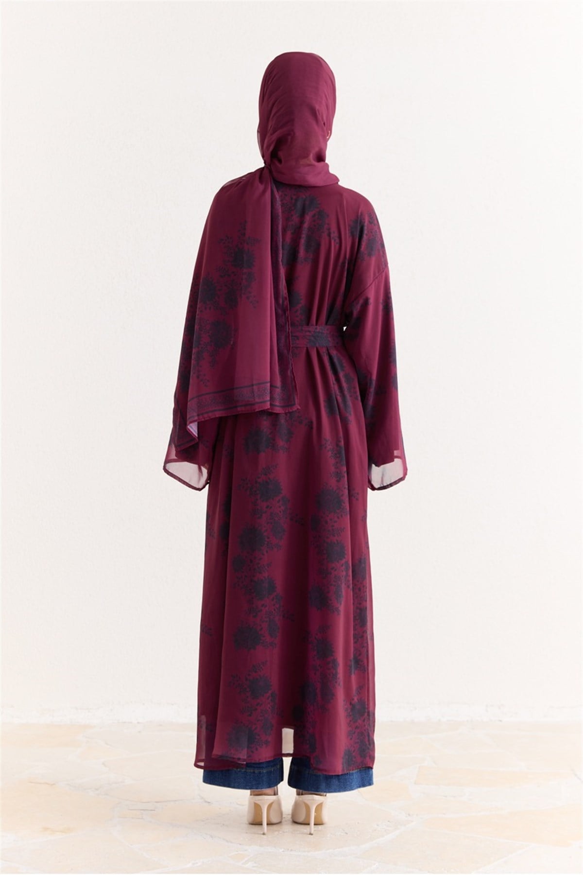 Mela Desenli Şallı Abaya - Bordo