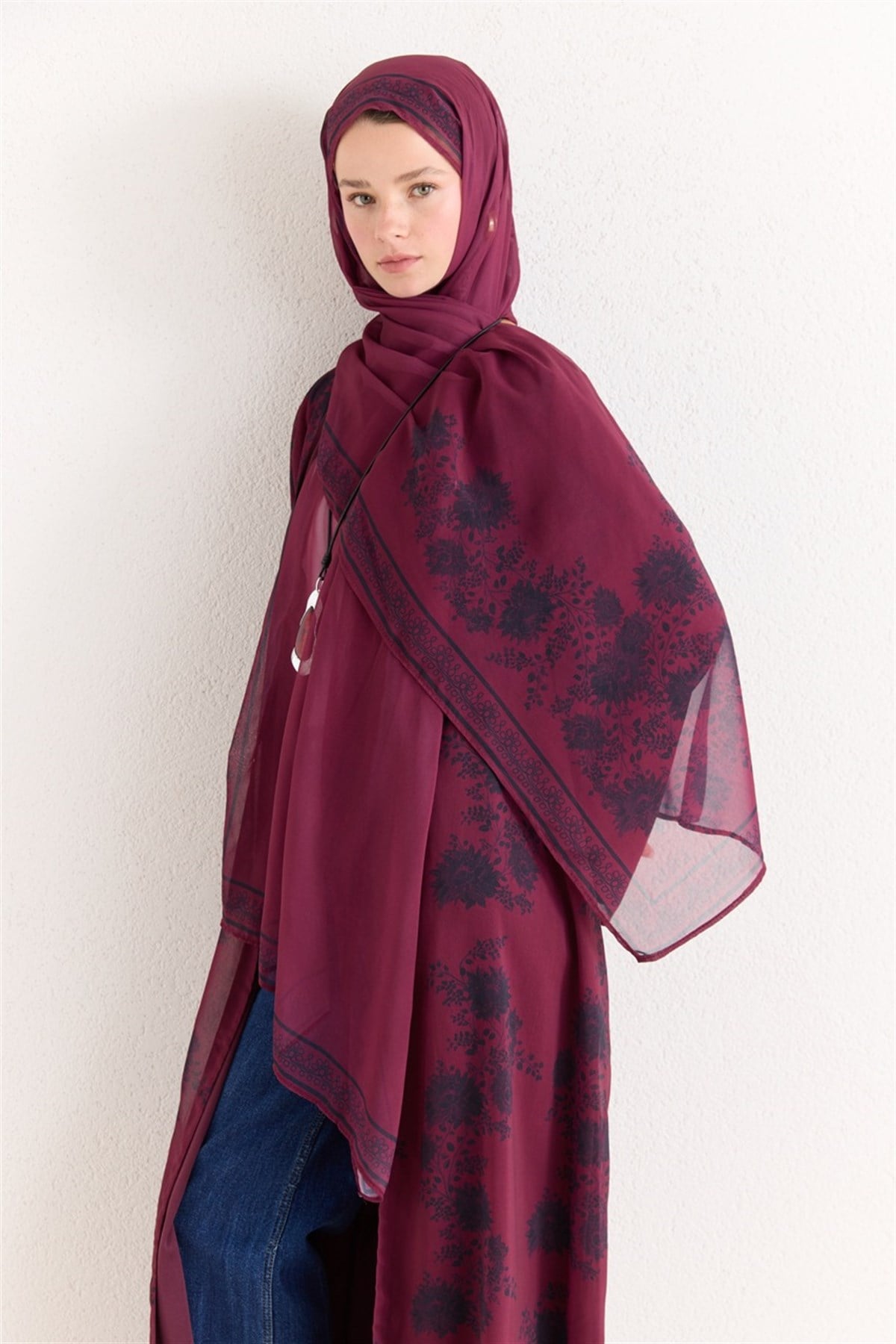 Mela Desenli Şallı Abaya - Bordo