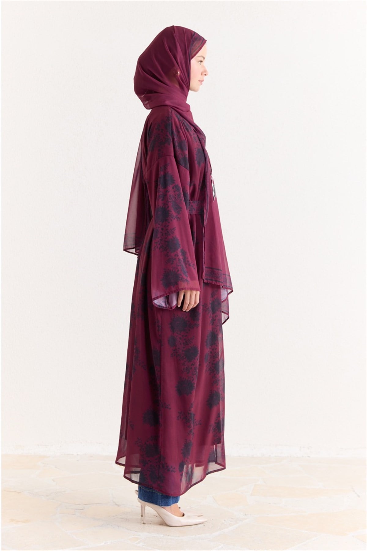 Mela Desenli Şallı Abaya - Bordo