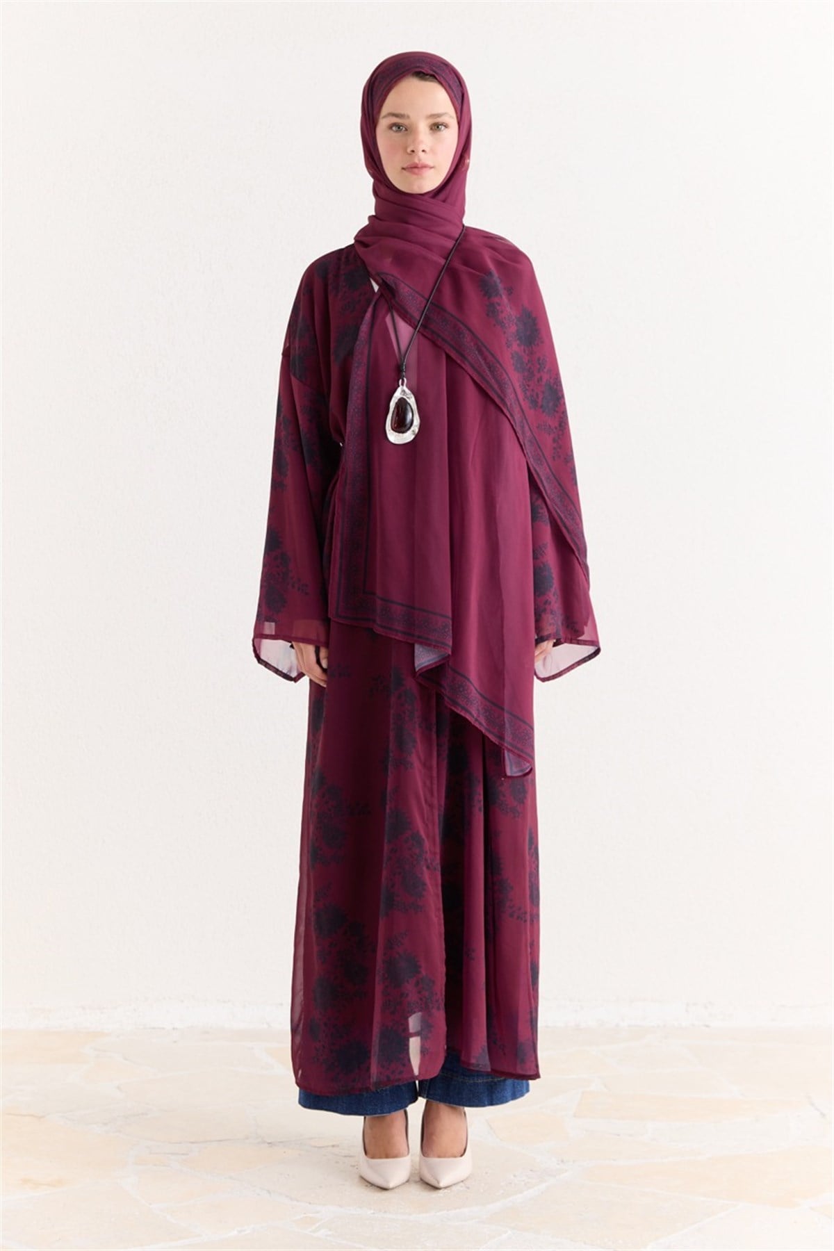 Mela Desenli Şallı Abaya - Bordo