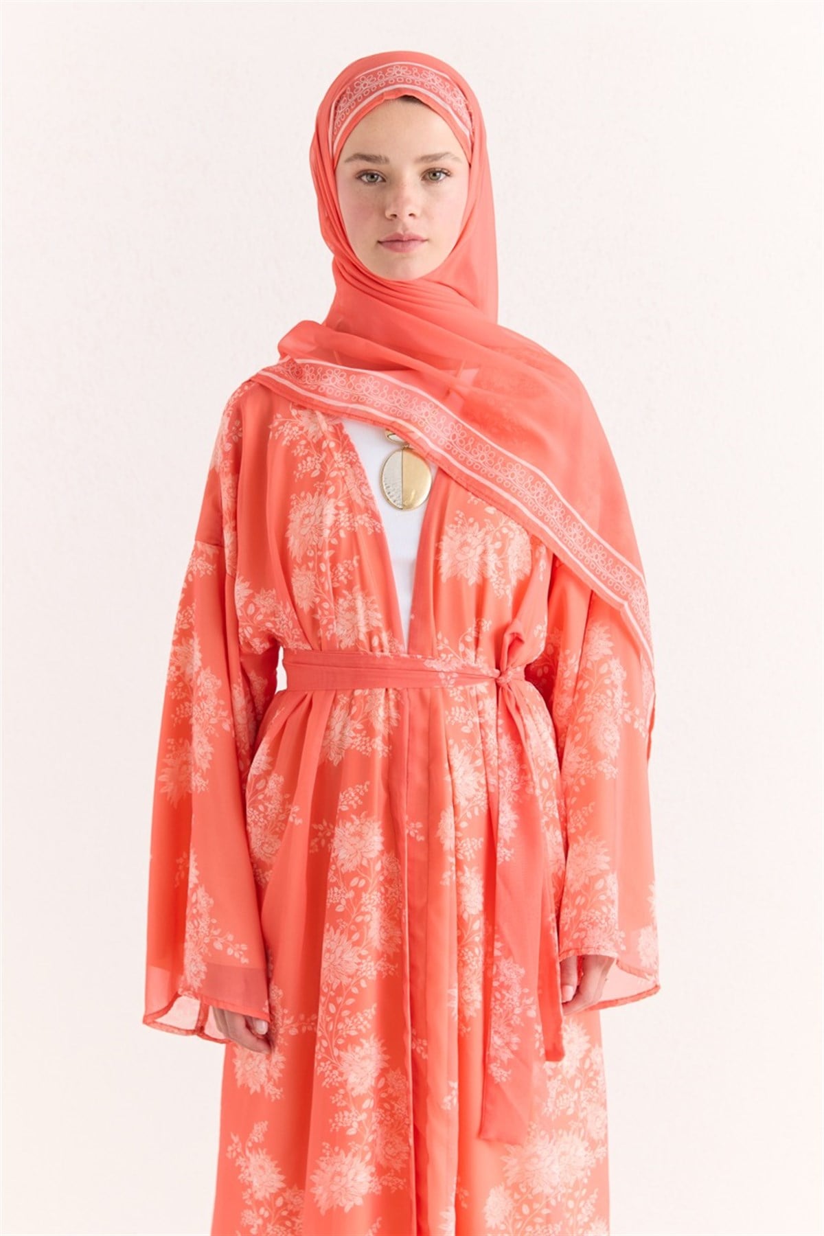 Mela Desenli Şallı Abaya - Turuncu