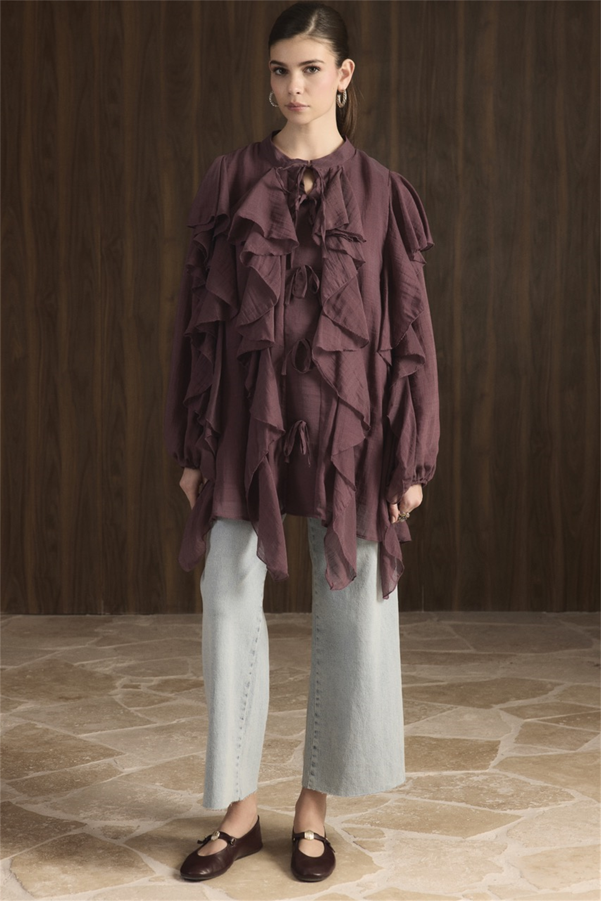 Melis Önü Fırfırlı Gömlek - Bordo