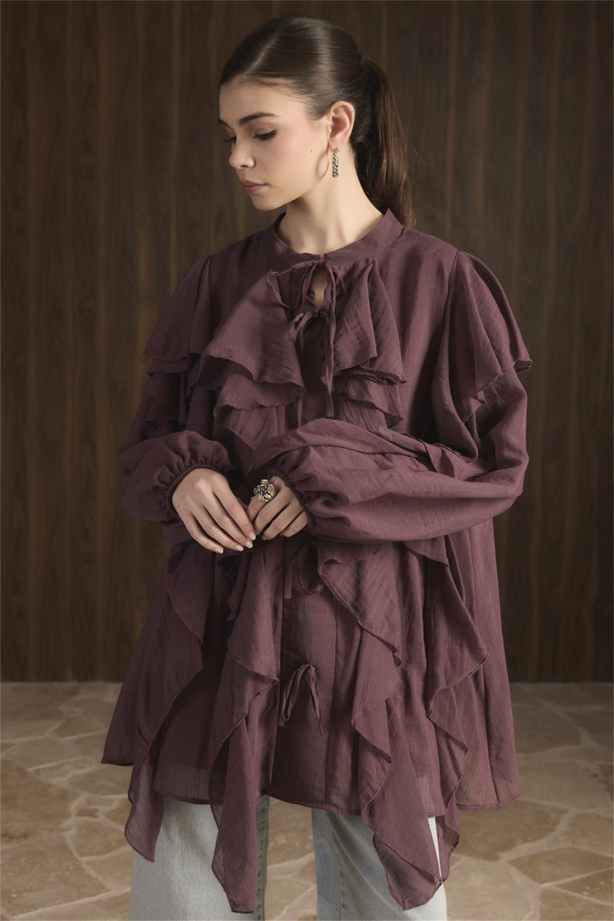 Melis Önü Fırfırlı Gömlek - Bordo