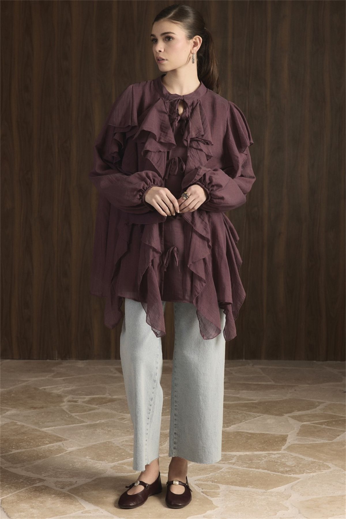 Melis Önü Fırfırlı Gömlek - Bordo
