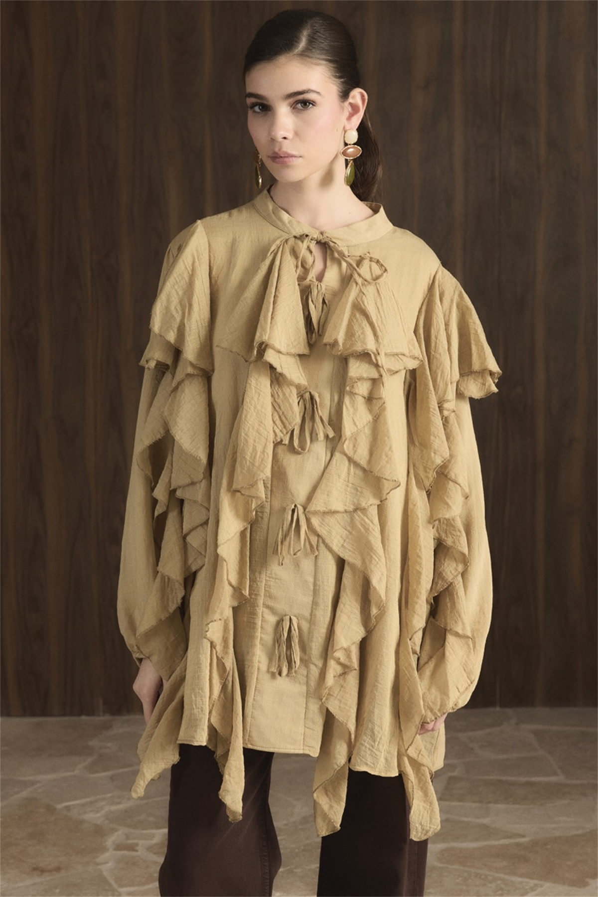 Melis Önü Fırfırlı Gömlek - Yağ Yeşili