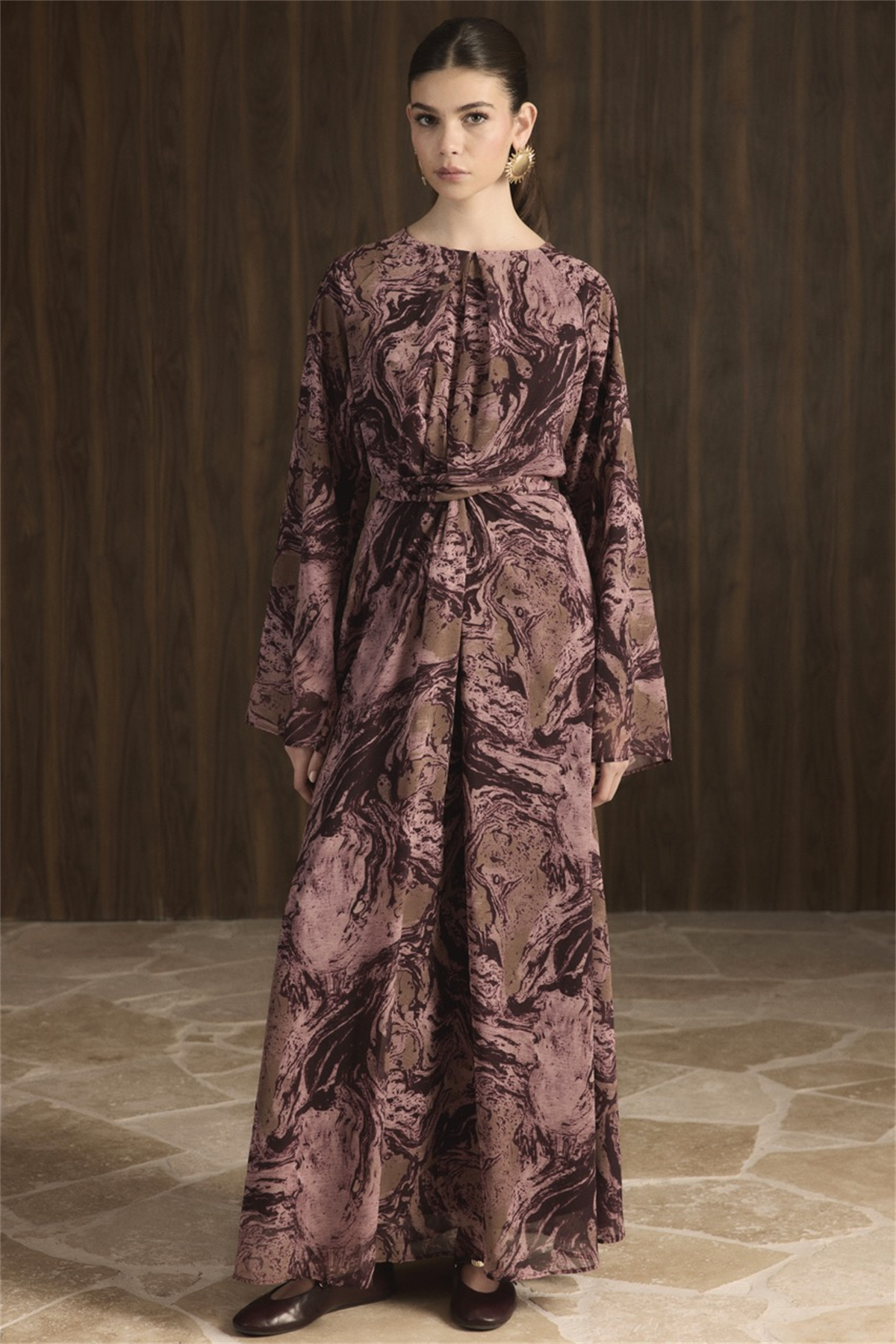 Misty Desenli Şifon Elbise - Bordo