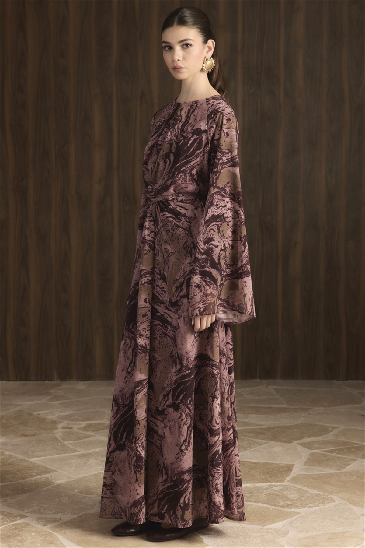 Misty Desenli Şifon Elbise - Bordo