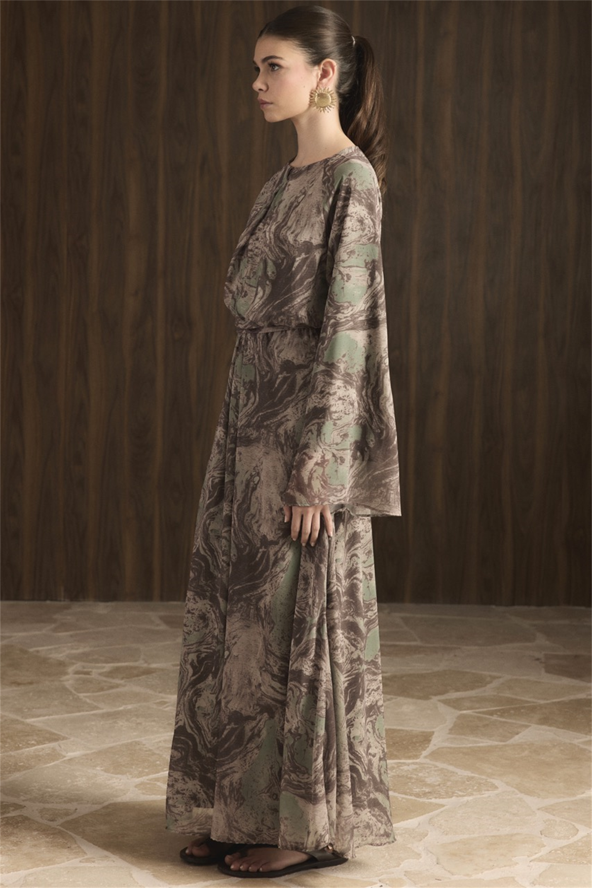 Misty Desenli Şifon Elbise - Haki