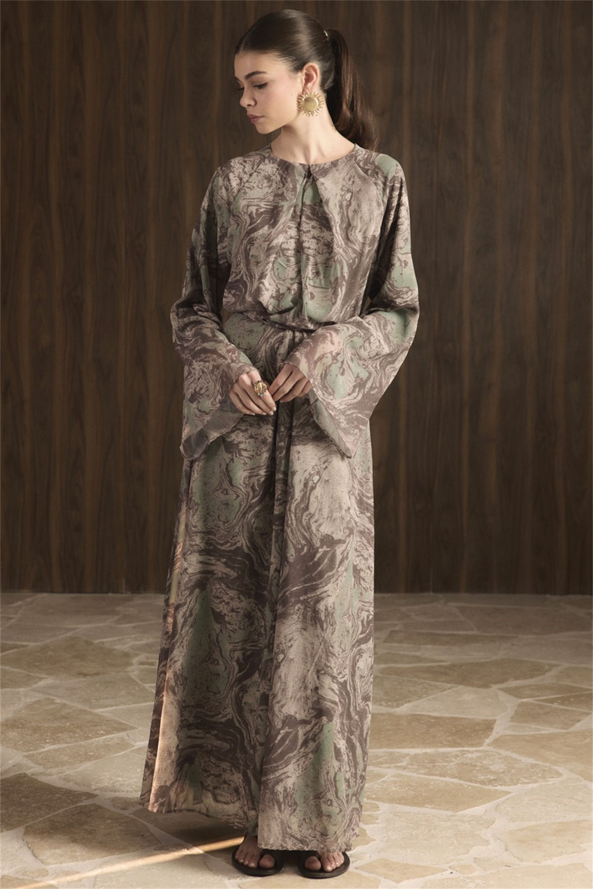 Misty Desenli Şifon Elbise - Haki