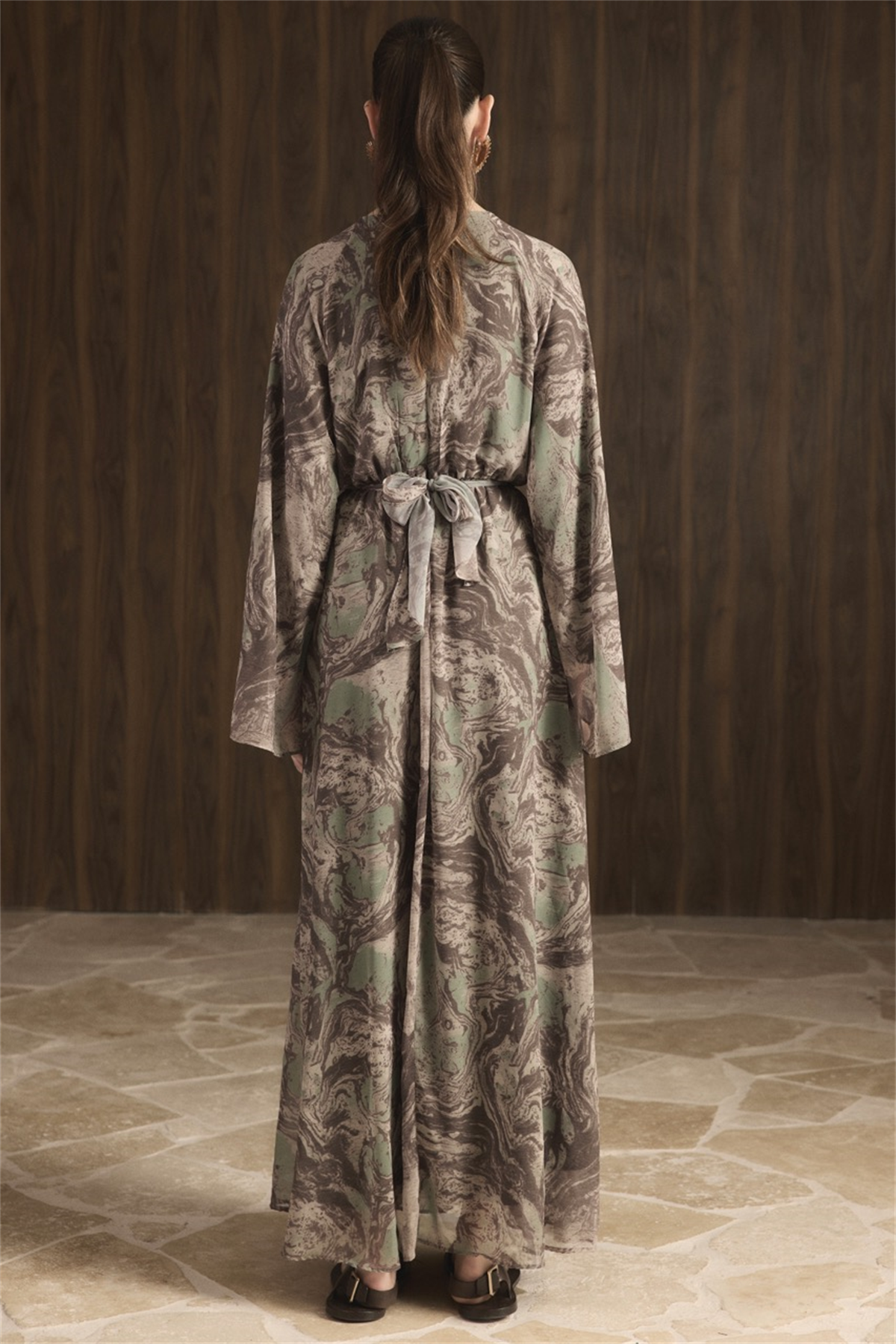 Misty Desenli Şifon Elbise - Haki