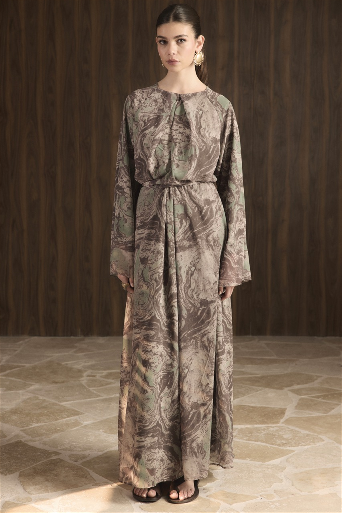 Misty Desenli Şifon Elbise - Haki