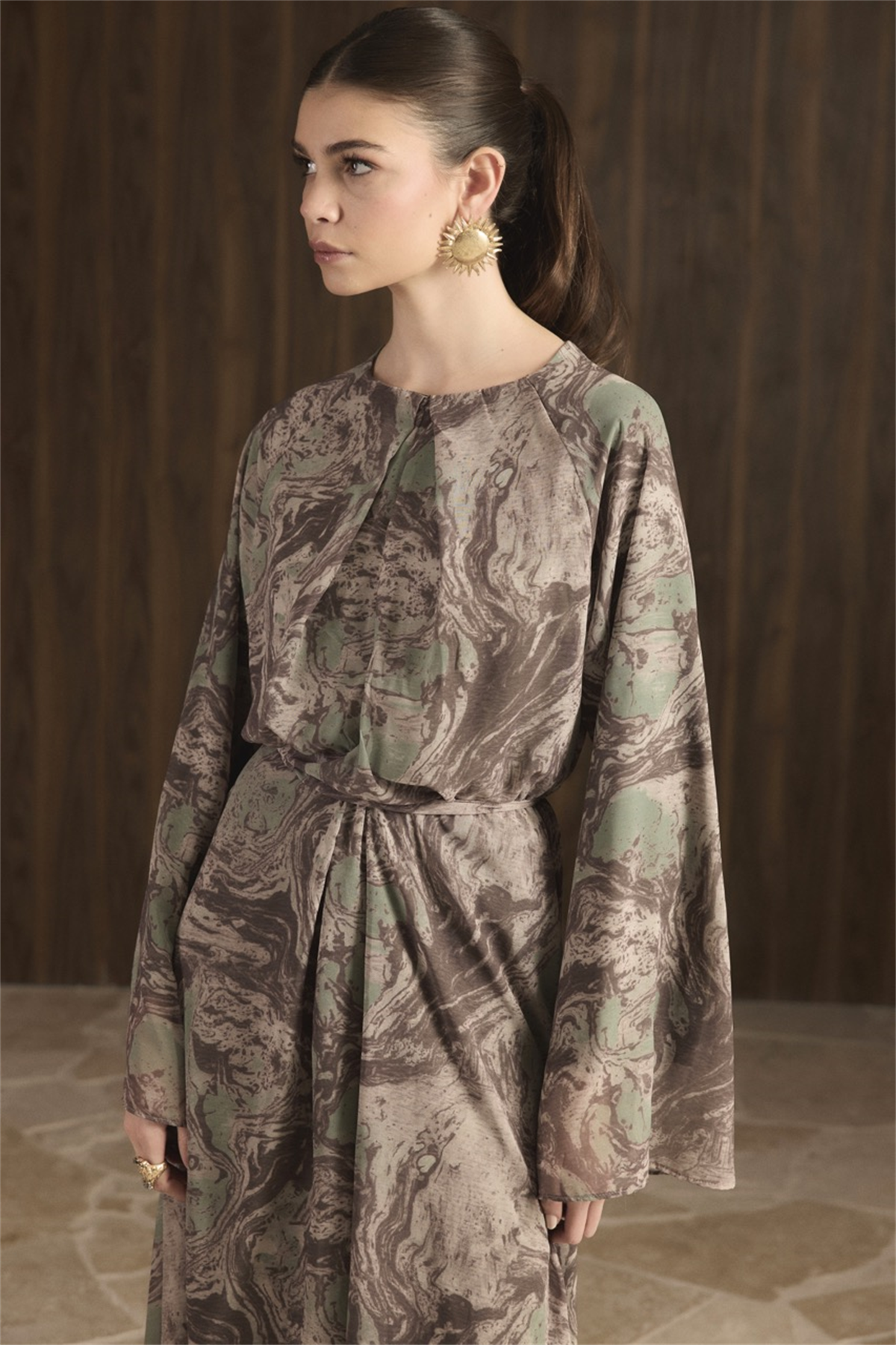 Misty Desenli Şifon Elbise - Haki