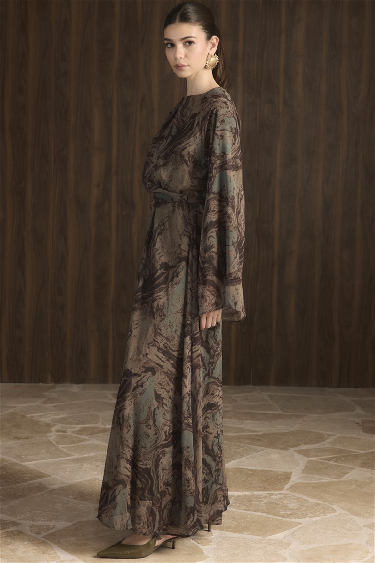 Misty Desenli Şifon Elbise - Kahverengi