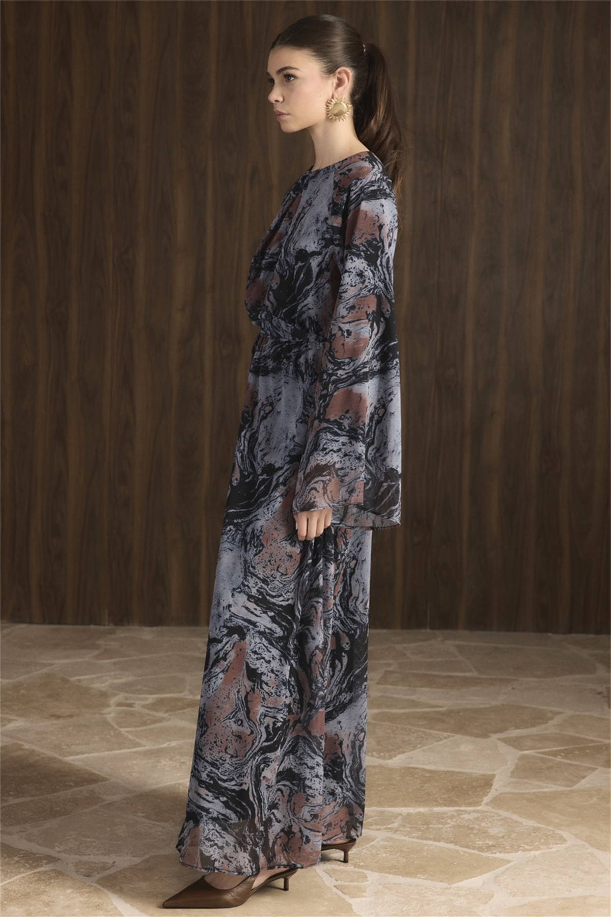 Misty Desenli Şifon Elbise - Lacivert