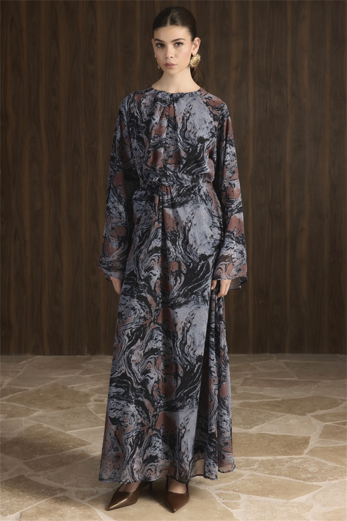 Misty Desenli Şifon Elbise - Lacivert