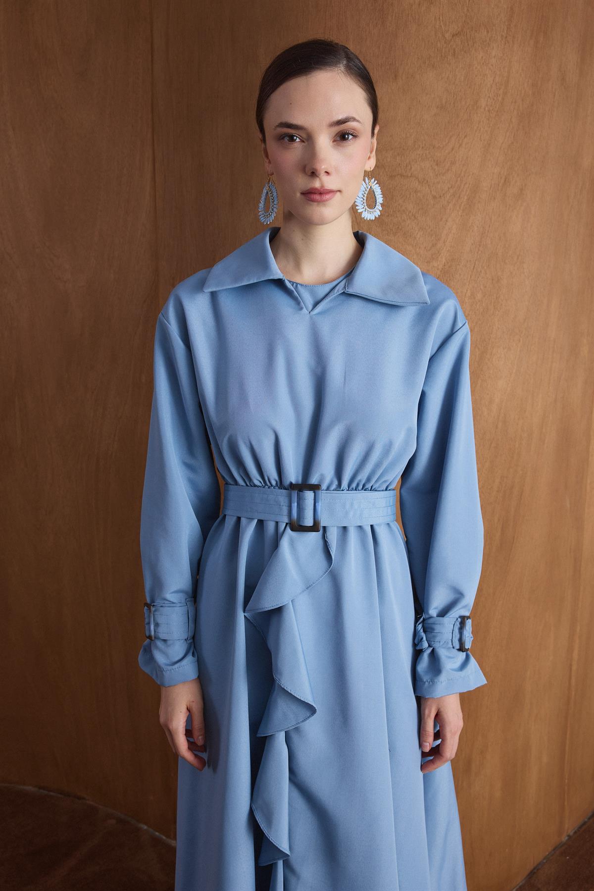 Muse Belden Volanlı Elbise - Mavi