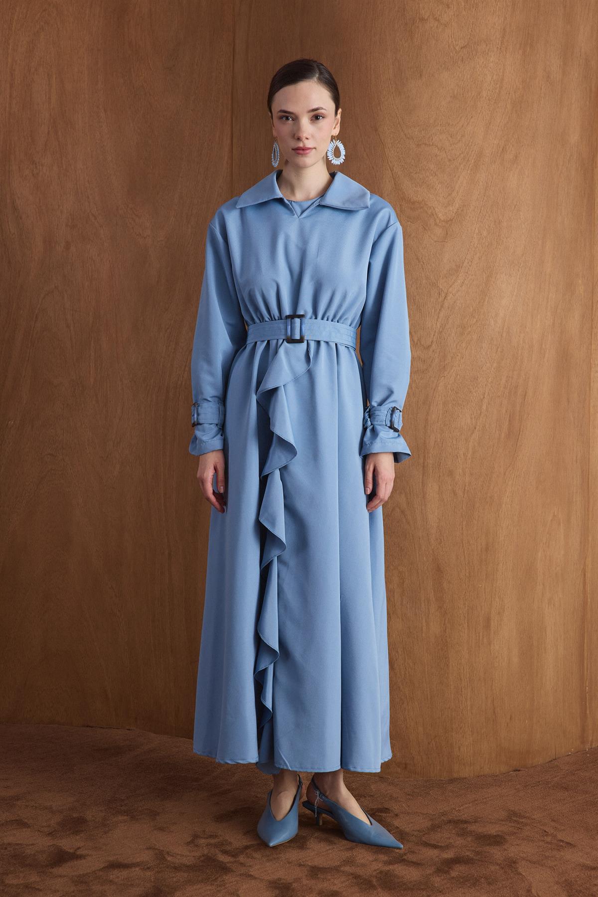 Muse Belden Volanlı Elbise - Mavi