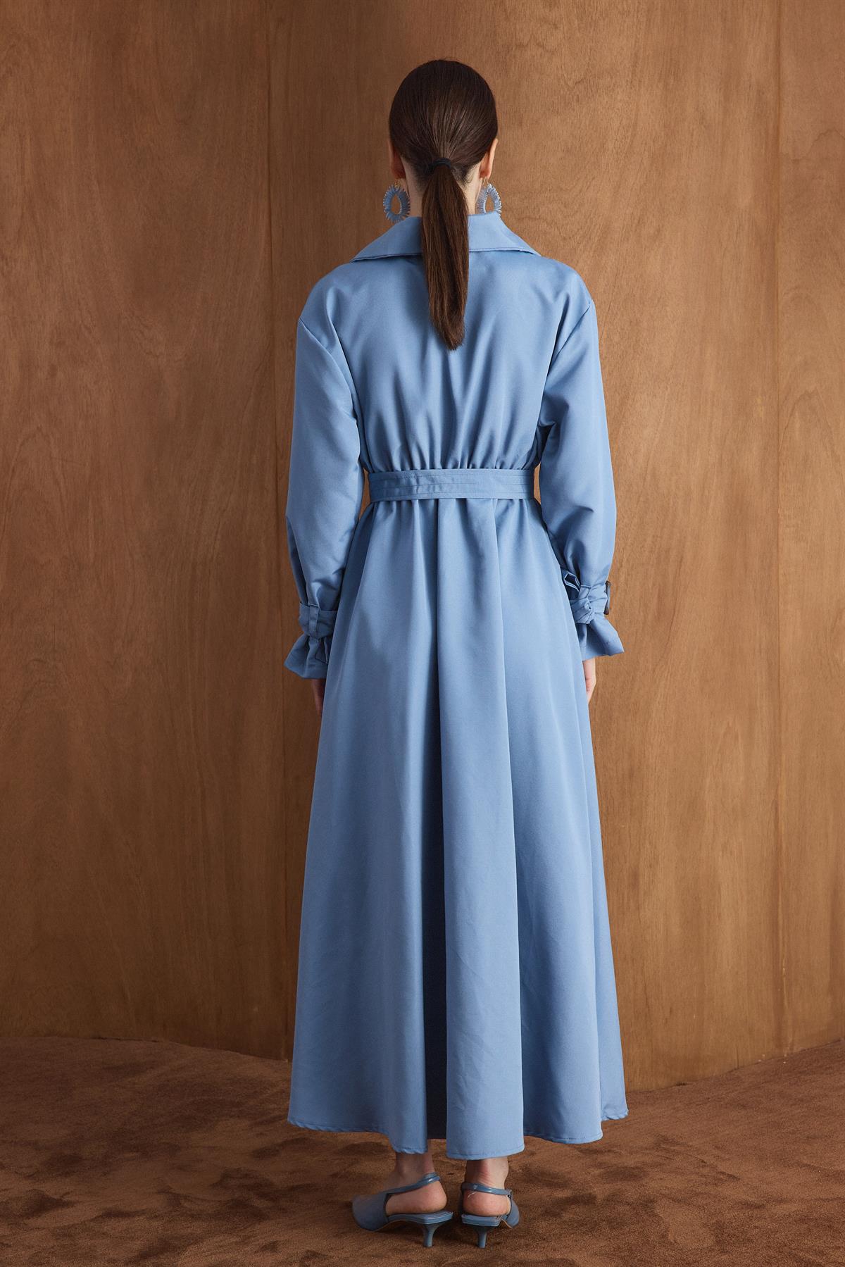 Muse Belden Volanlı Elbise - Mavi