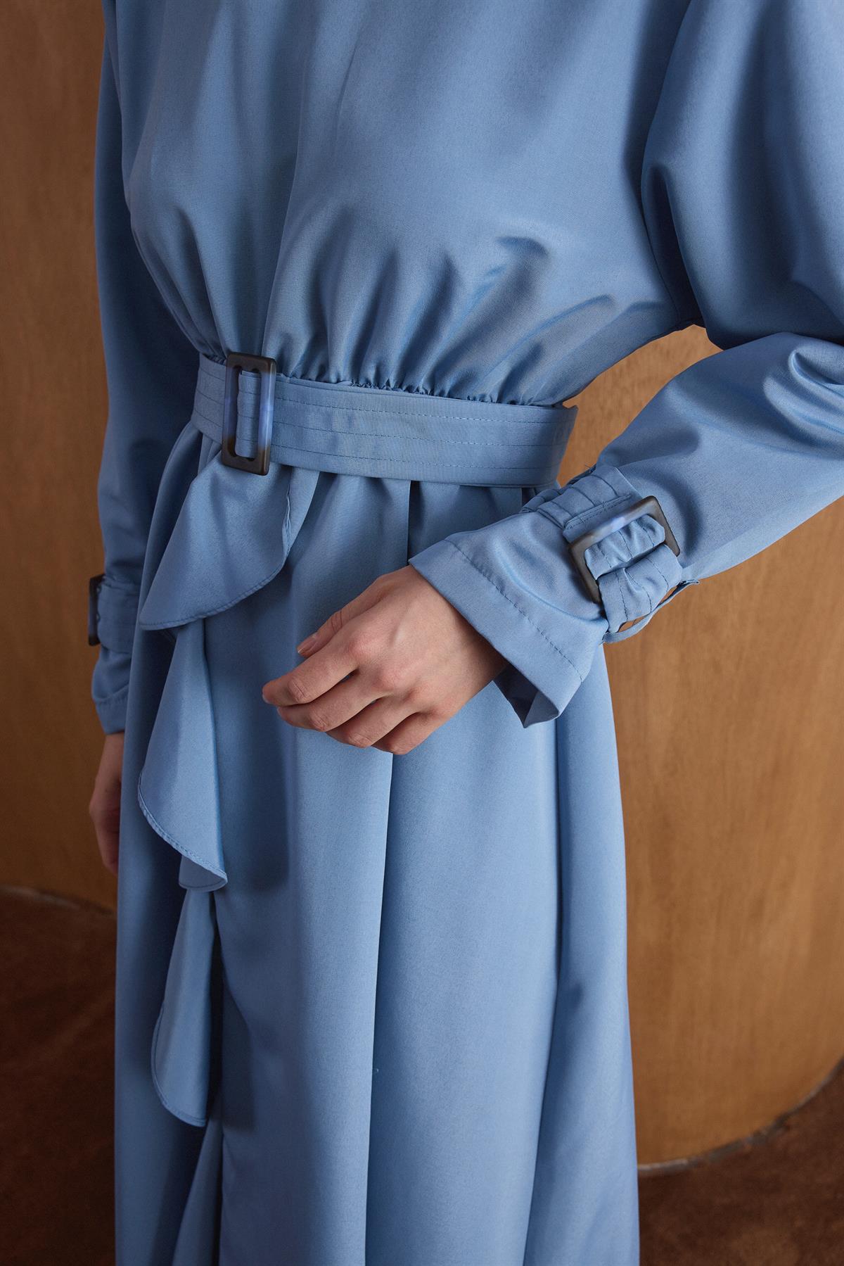 Muse Belden Volanlı Elbise - Mavi