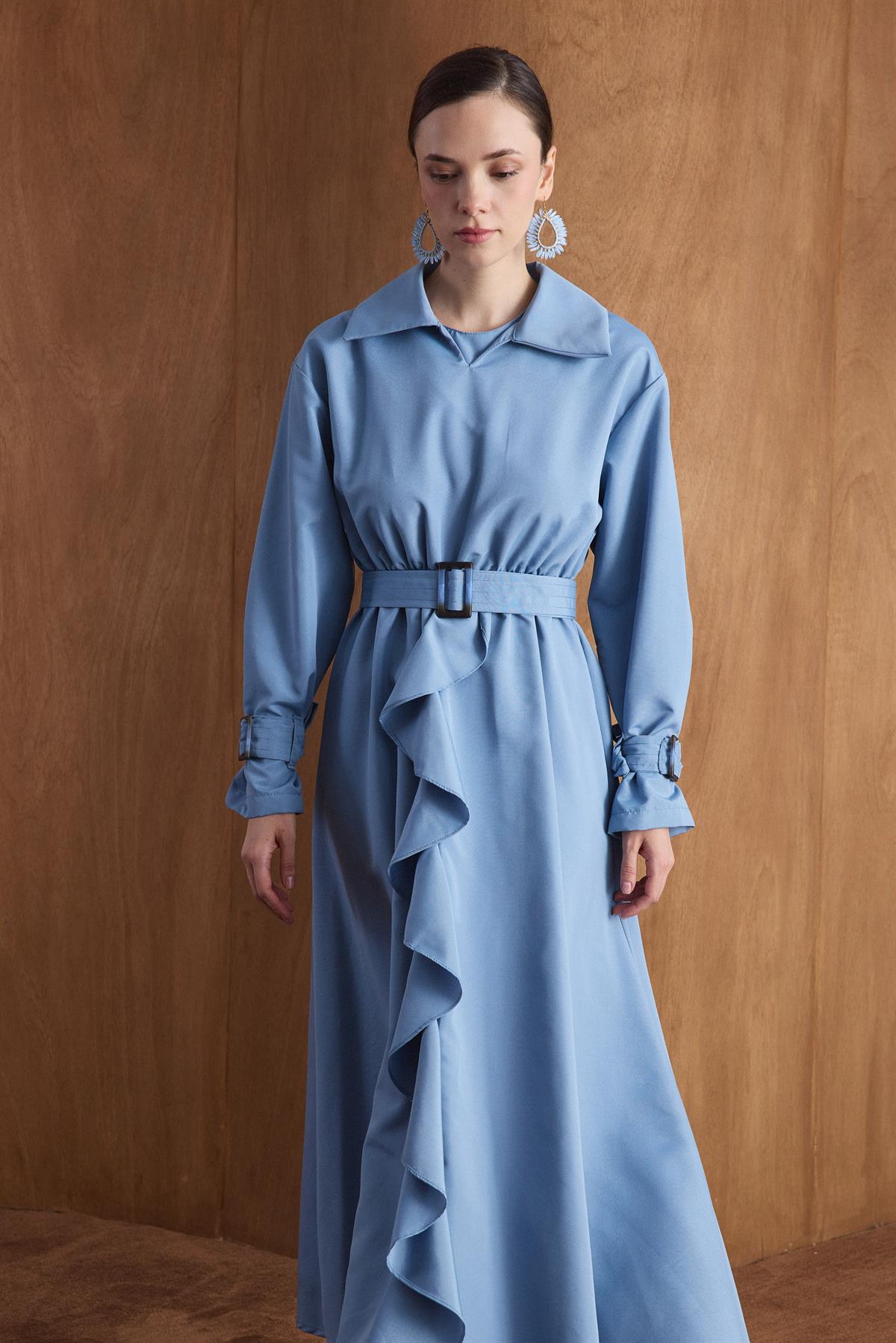 Muse Belden Volanlı Elbise - Mavi