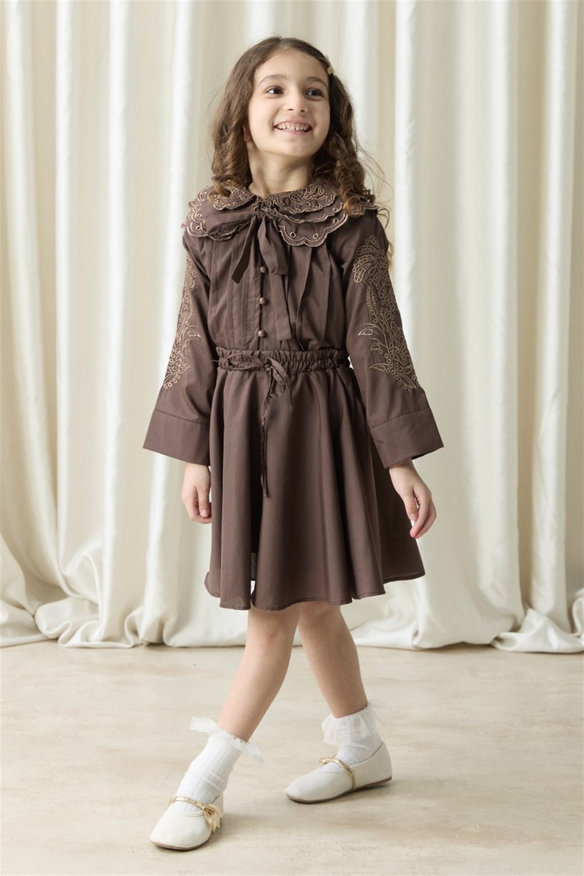 Nakışlı Dacron Etek Takım - Kahve