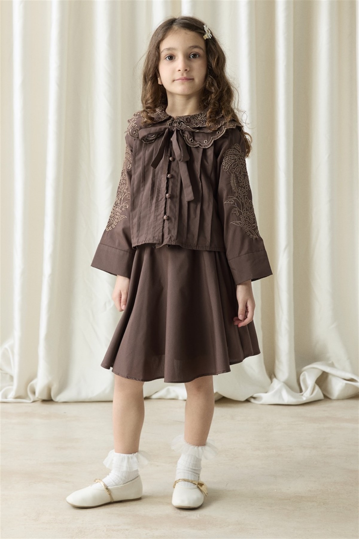 Nakışlı Dacron Etek Takım - Kahve