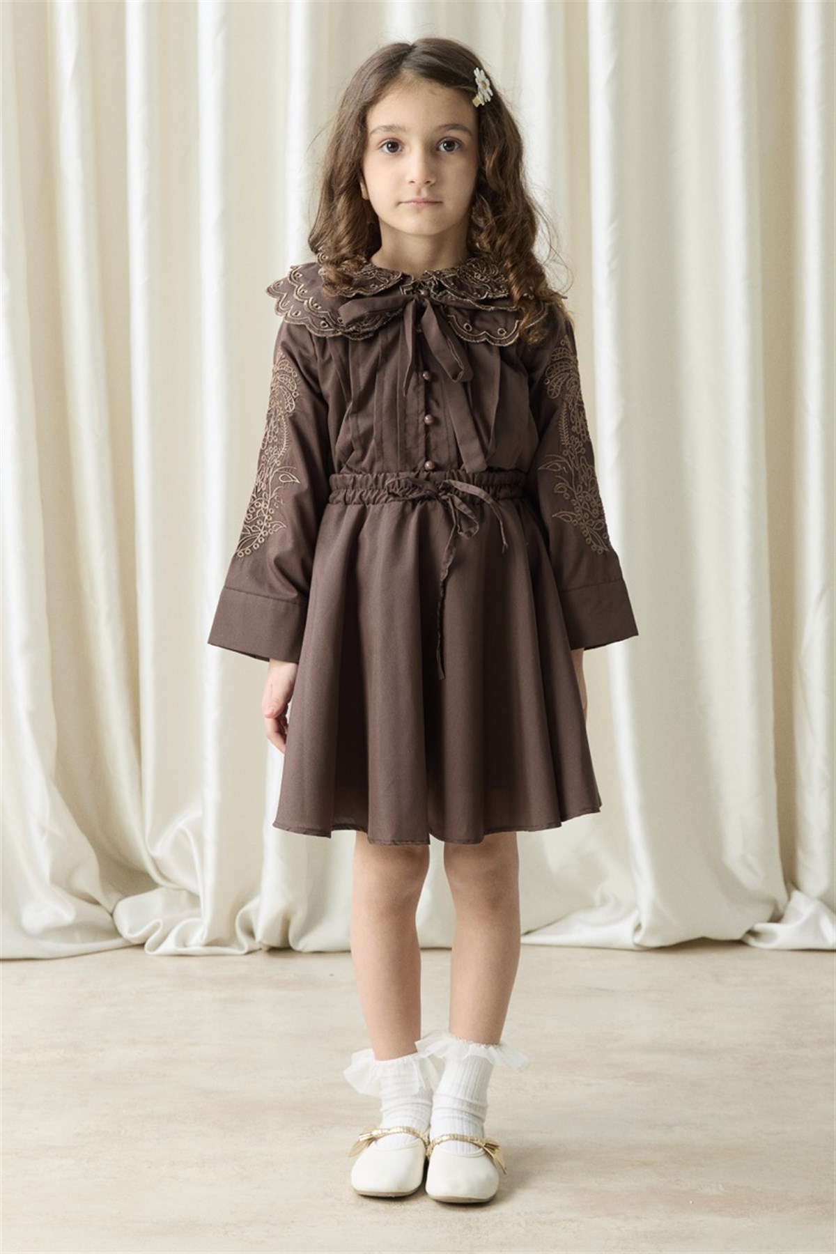 Nakışlı Dacron Etek Takım - Kahve