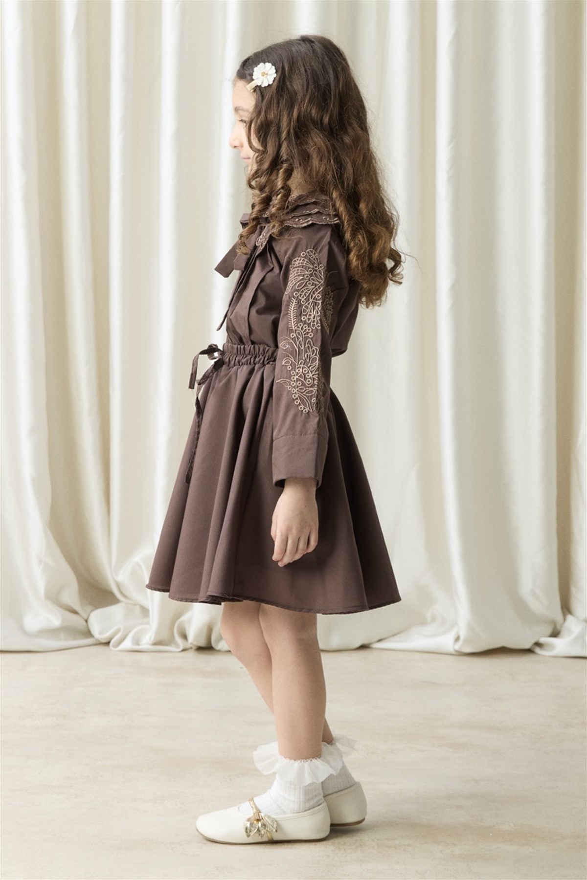 Nakışlı Dacron Etek Takım - Kahve