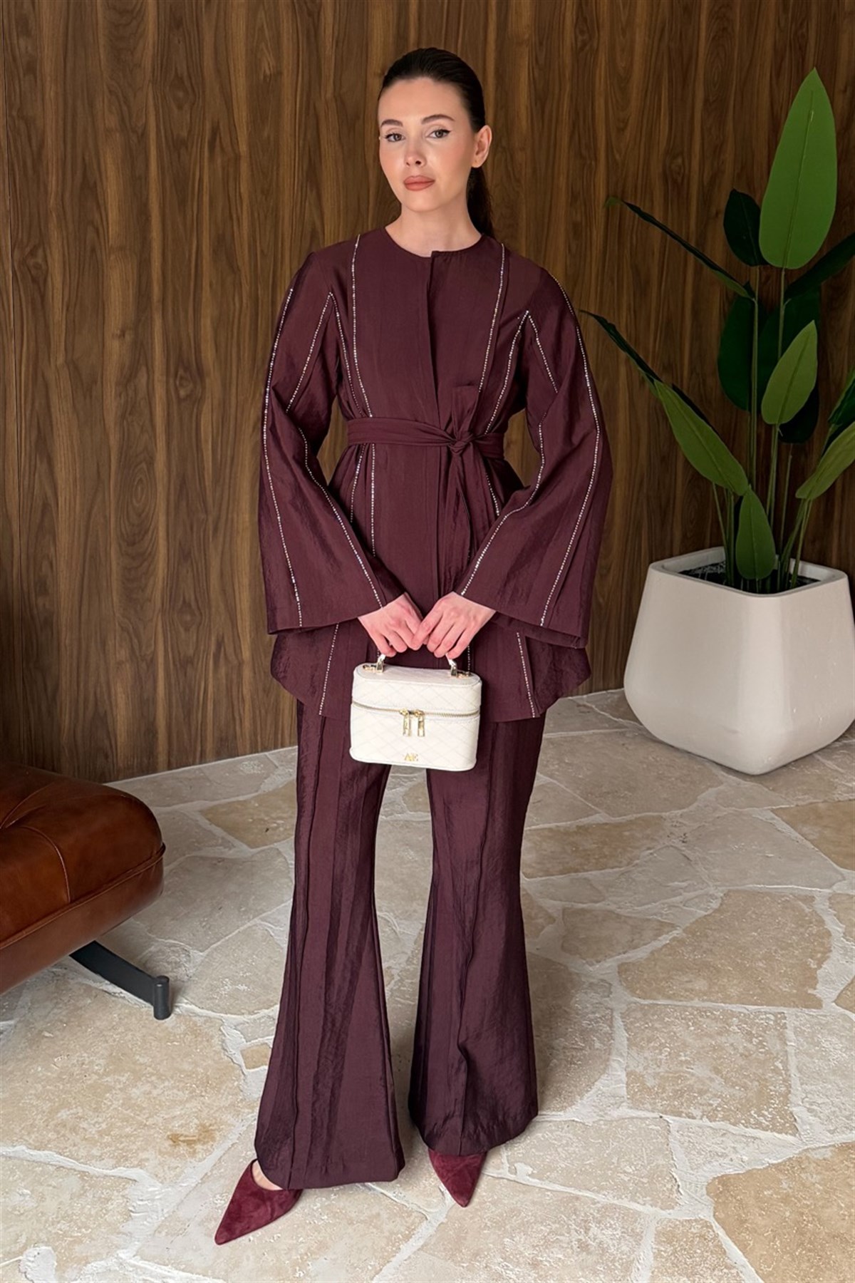 Nervür Taşlı Pantolonlu Takım - Bordo