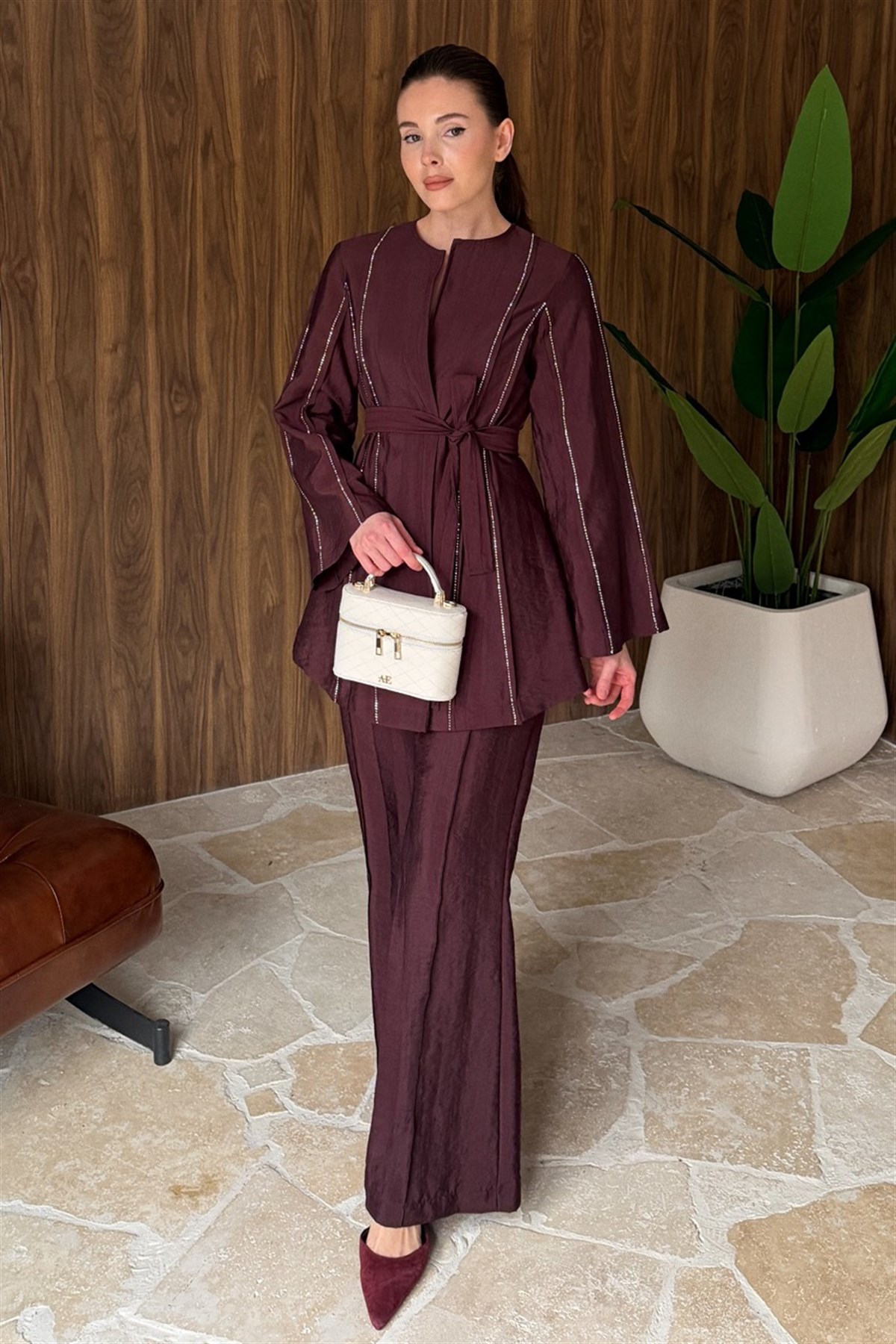 Nervür Taşlı Pantolonlu Takım - Bordo