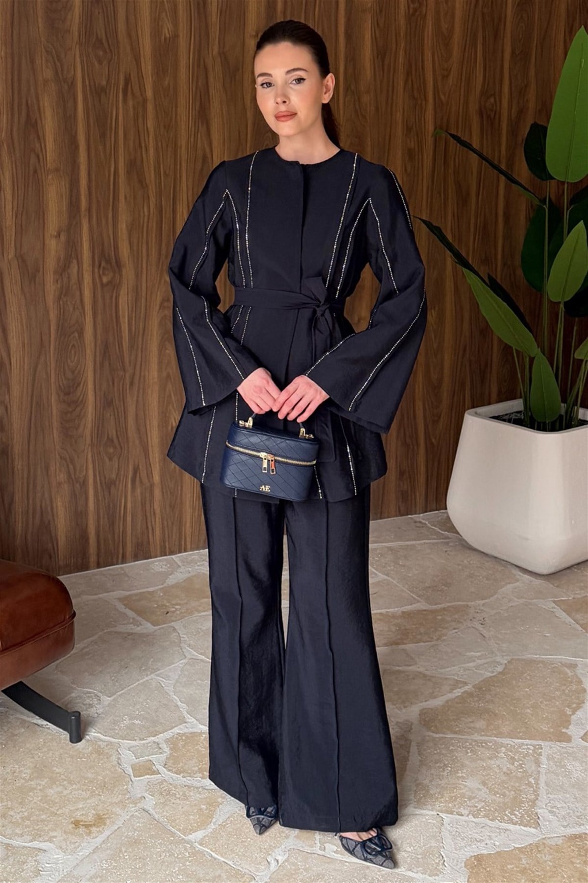 Nervür Taşlı Pantolonlu Takım - Lacivert