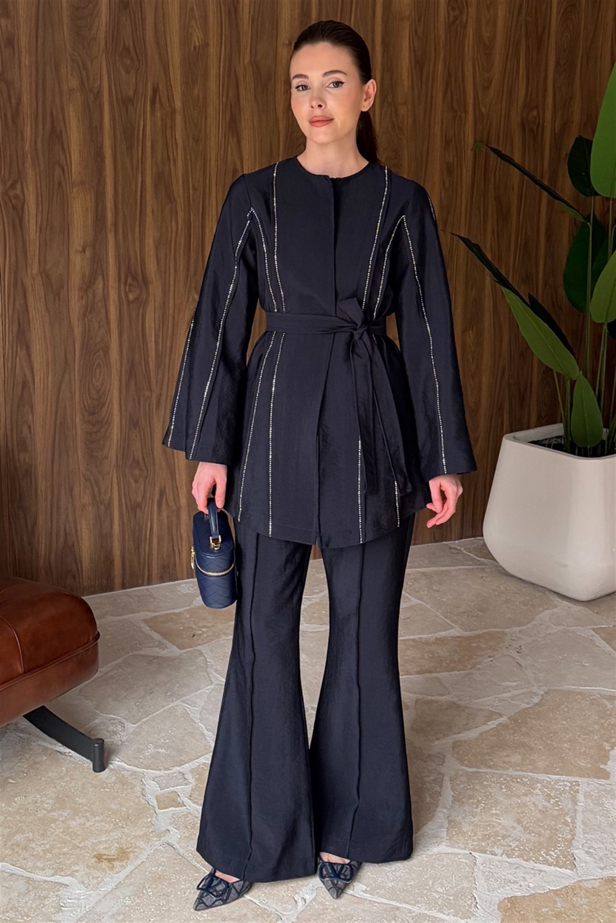 Nervür Taşlı Pantolonlu Takım - Lacivert