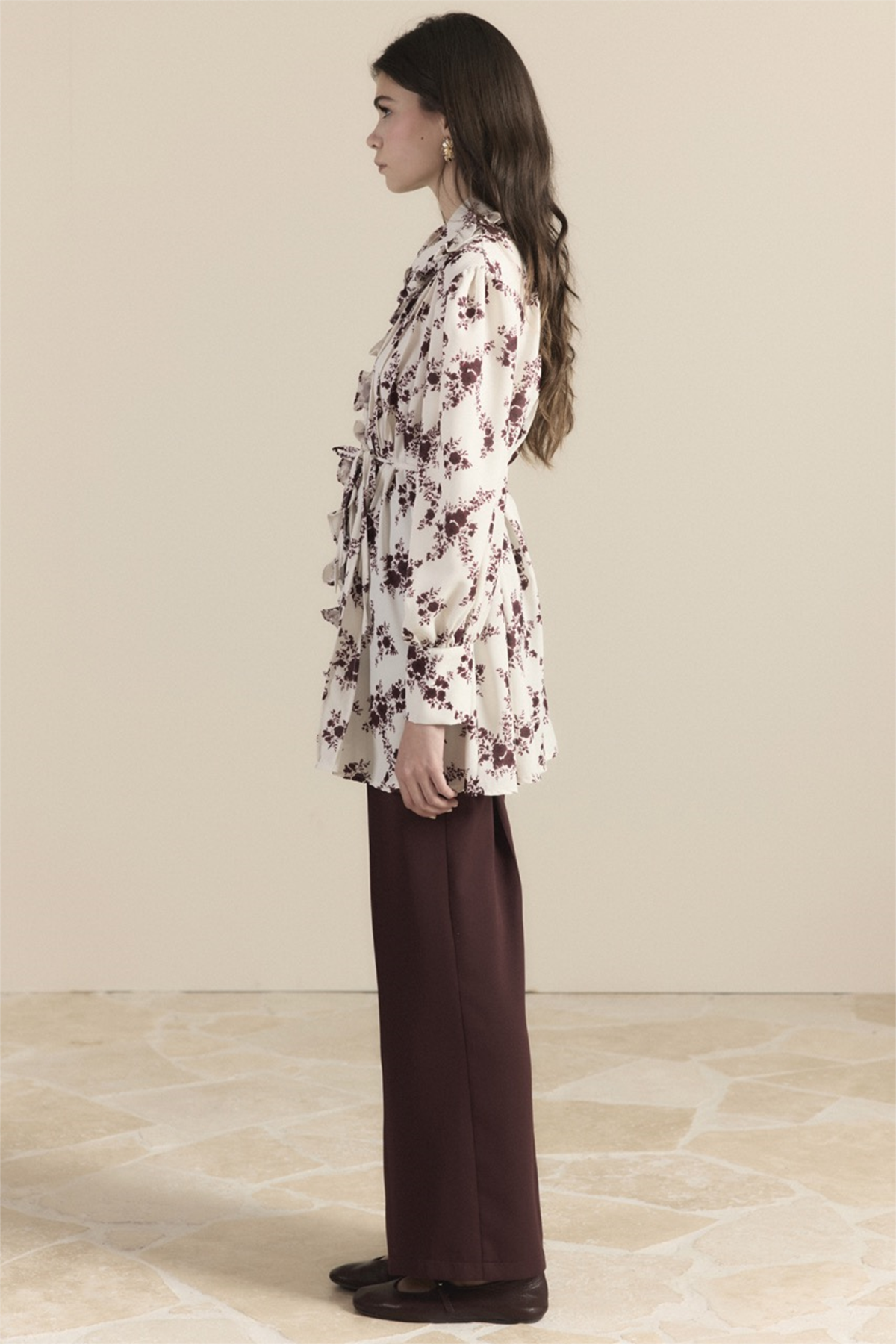 Nervürlü Fırfır Detay Desenli Gömlek - Bordo