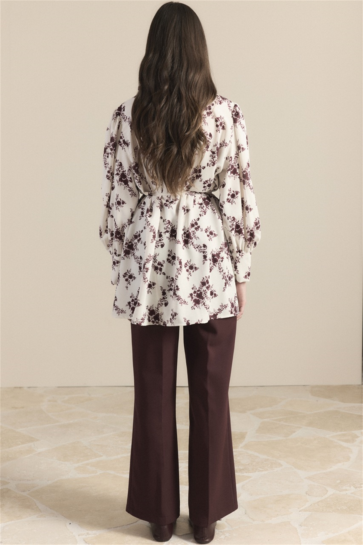 Nervürlü Fırfır Detay Desenli Gömlek - Bordo