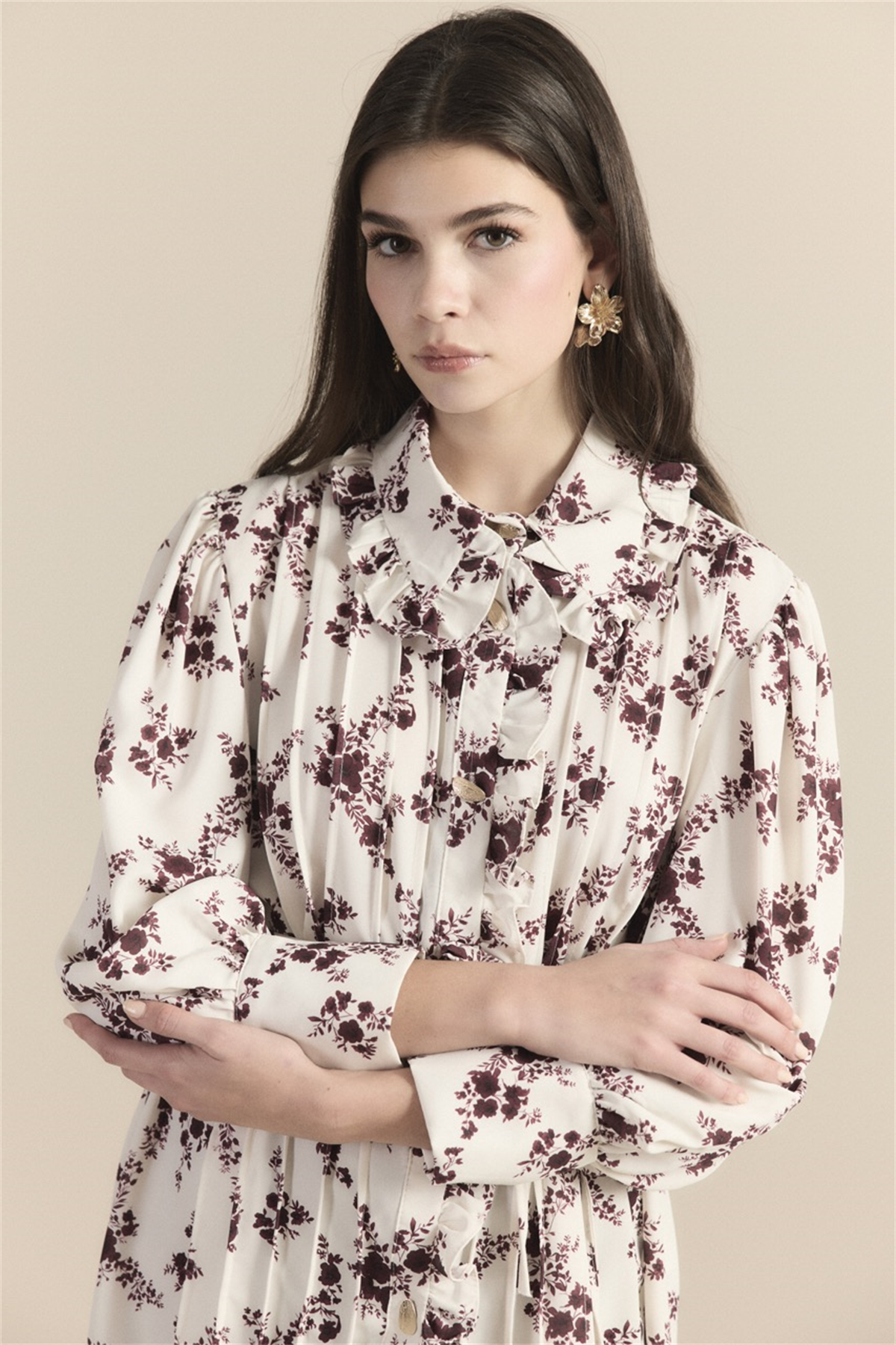 Nervürlü Fırfır Detay Desenli Gömlek - Bordo