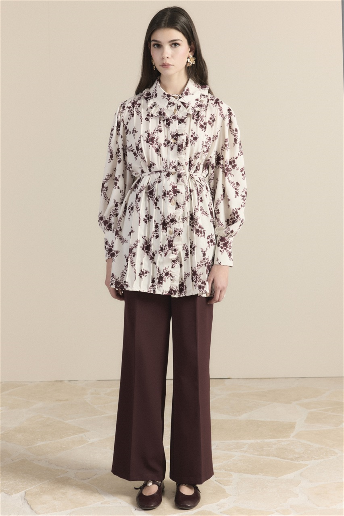 Nervürlü Fırfır Detay Desenli Gömlek - Bordo