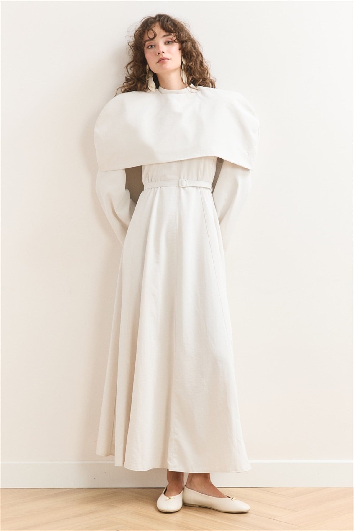 Omuz Allerli Moi Elbise - Ekru