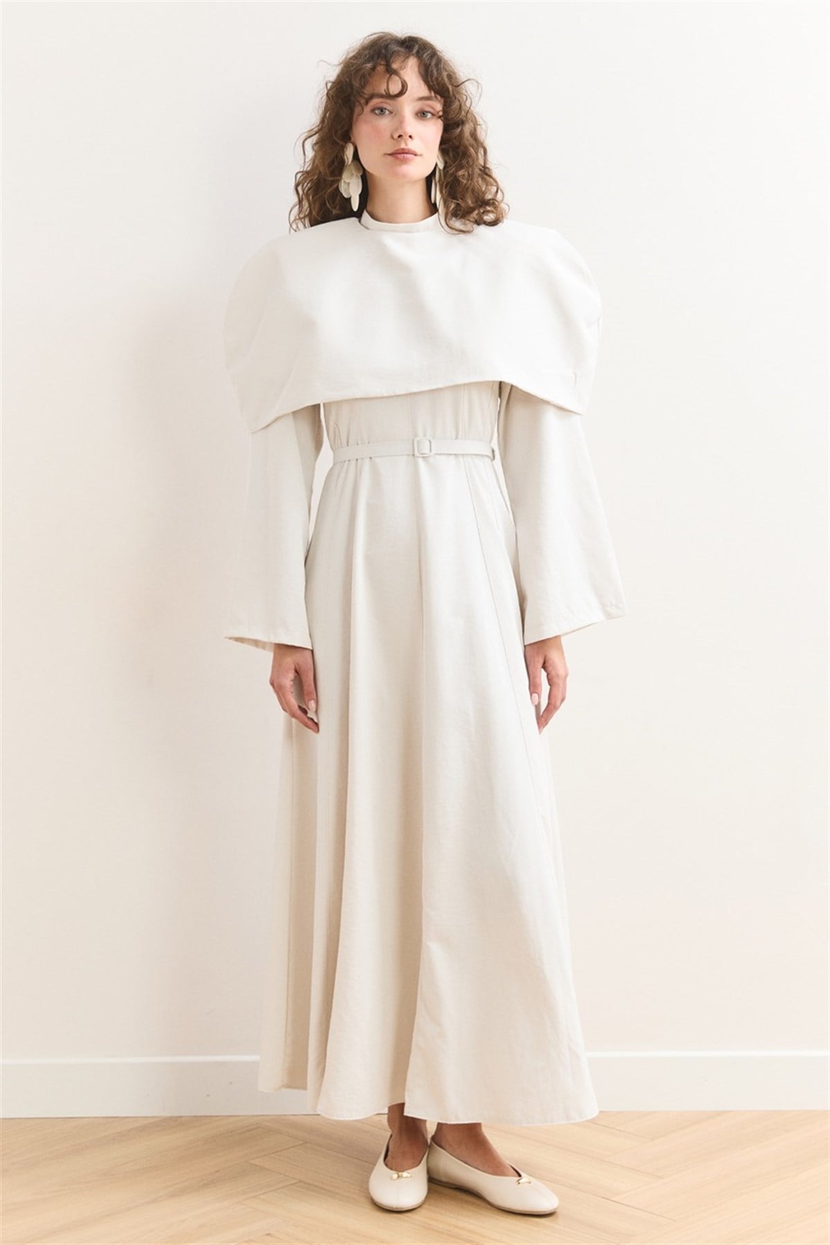 Omuz Allerli Moi Elbise - Ekru