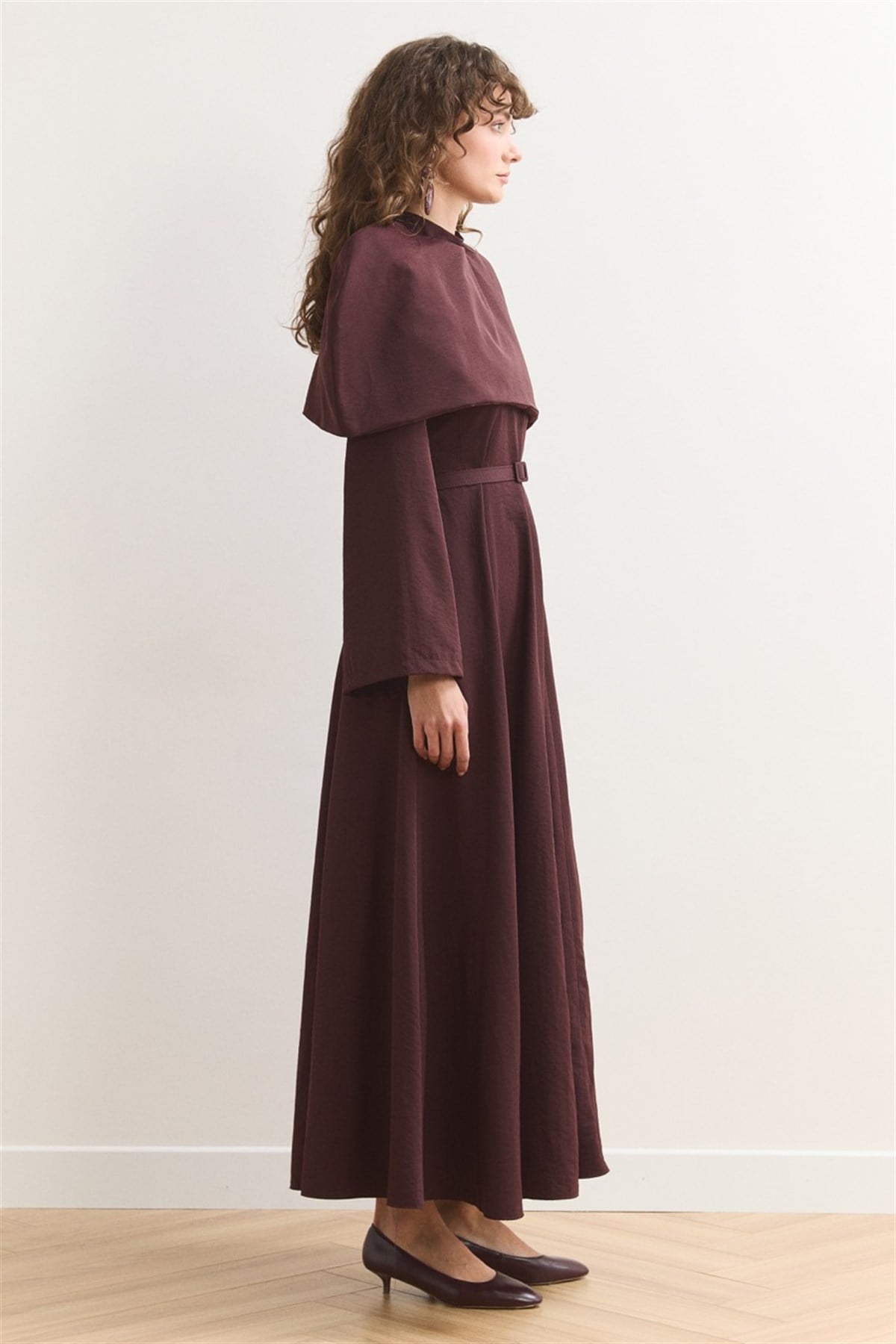 Omuz Allerli Moi Elbise - Mürdüm