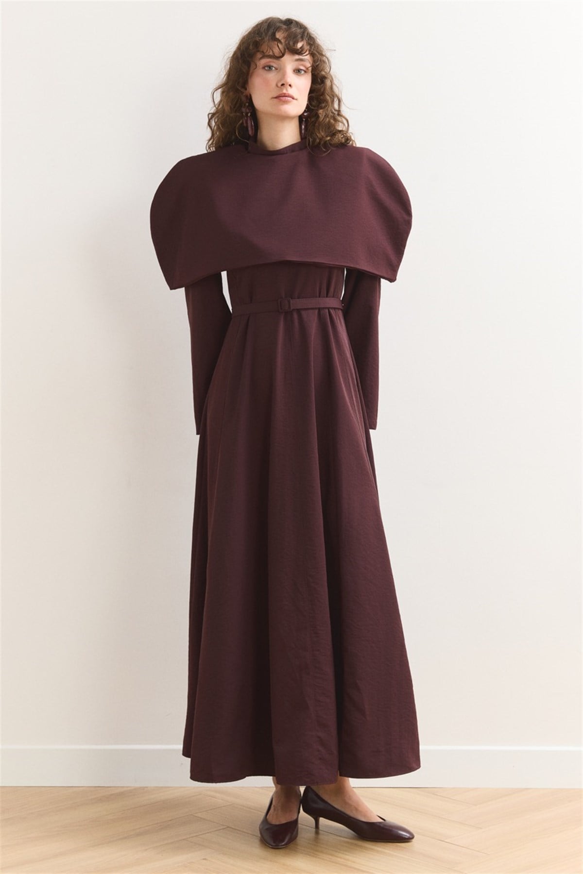 Omuz Allerli Moi Elbise - Mürdüm